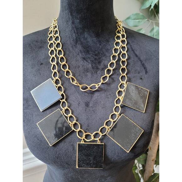 Women's Statement Gold Chunky Chain Necklace With Large Square Black Charms - Picture 1 of 7